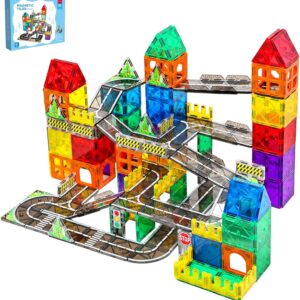Sylvran Magnetic Tiles Road Set, 89 PCS Magnetic Building Blocks with Roads | Bridges & Ramps, STEM City Building Toys for Kids Ages 3-8, Educational Construction Magnet Toys, Gifts for Boys Girls