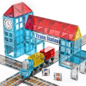 SKTMYY Magnetic Tiles Train Toys, Train Station for Kids Age 4-8 | Magnet Tiles Cars, Preschool Classroom Educations, STEM Learning Montessori Toys, Birthday Gifts for Boys Girls
