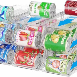 BingoHive Can Organizer for Pantry 3 Tiers Rolling Can Storage Cupboard | Automatic Rolling Holds 36 Cans Combinable Canned Food Organizer Soda Can Organizer for Cupboard Cabinets Pantry Fridge Clear