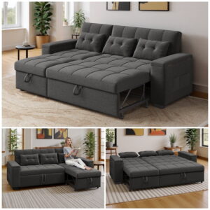 87" Convertible Sofa Bed, Noelse 3 in 1 Queen Size Sleeper Sofa with Adjustable Backrest, Storage Armrest & Side Pockets, Dark Grey