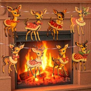 8pcs Vintage Christmas Decor Wood Banner 5.9x3.9inch Brown Sika Deer Style Retro Christmas Decorations for Party Waterproof Vintage Hanging Banner Indoor Outdoor