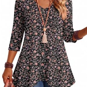 Ekouaer Womens Tops V Neck Loose Fit Tunics 3/4 Sleeve