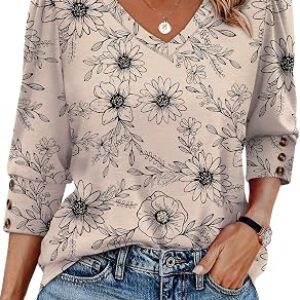 XIEERDUO 3/4 Length Sleeve V Neck Blouses