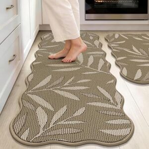 JSEI 3D Leaf Scalloped Kitchen Rugs, 17″x30″+17″x48″, Taupe
