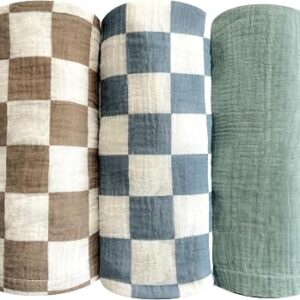 3 Pack Ultra Soft Checkered Muslin Swaddle Blankets 38″x40″ Cotton Newborn Muslin Receiving Blankets for Baby Boys Infant Essentials Blanket for Stroller Crib Tummy Time Coffee Blue