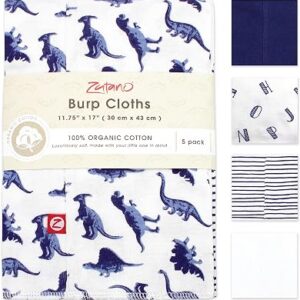 Zutano 5-Pack Organic Burp Cloths for Baby Girl & Boy, Large Cotton Burping Cloths for Babies | Absorbent Baby Spit-Up Rags | Gender Neutral Burp Clothes | Newborn Essentials, Dino Party