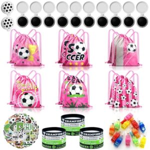 98Pcs Soccer Party Favors for girls, Soccer Themed Birthday Party Supplies | Including Soccer Goodie Bags/Finger Lights/Mini Brush/Silicone Bracelets/Stickers