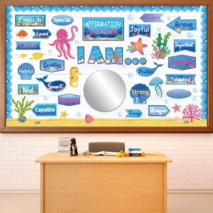 Affirmation Station Bulletin Board Set with 11in Mirror Motivational Posters Classroom Mirror Growth Mindset Decor I Am Positive Affirmation Accent Cutout for School Home Teacher Wall Supply(Ocean)