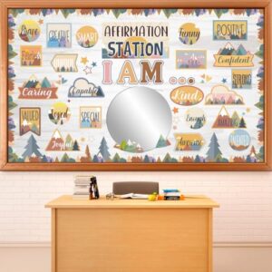 Affirmation Station Bulletin Board Set with 11in Mirror Motivational Posters Classroom Mirror Growth Mindset Decor I Am Positive Affirmation Accent Cutout for School Home Teacher Wall Supply(Mountain)