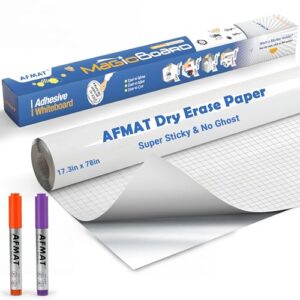 AFMAT White Board Dry Erase Paper, 78" x 17.3" Whiteboard Wallpaper, with 2 Markers, Stain-Proof & Super Sticky, No Ghost After 60 Days, Peel and Stick Dry Erase Board Paper Roll for Wall/Home/Office