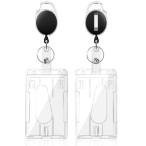 AGCAN 2 Pack Vertical 2-Card Badge Holder with Thumb Slots, Hard Plastic ID Badge Holder, Transparent PC Case Protector with Retractable Badge Reel Carabiner Clip for ID Card, Credit Cards, Key
