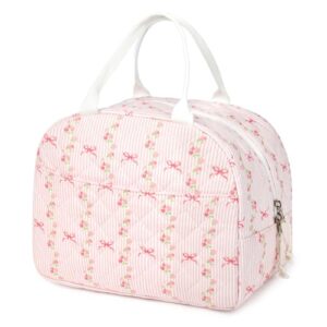 Aileam Lunch Box for Women Quilted Insulated Lunch Bag Tote Cute Reusable Floral Cotton Lunch Box Large Capacity Lunch Bag for Work Picnic Travel Aesthetic Coquette Style