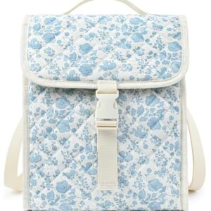 Aileam Quilted Lunch Bag for Women Cute Lunch Box Girls Insulated Lunch Bag for Work Quilted Large Capacity Reusable Insulated Cooler for Work Kids School Picnic Travel Blue Flower