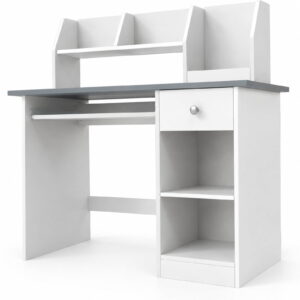 Airfind Kids Study Desk Children Writing Table with Hutch Drawer Shelves and Keyboard Tray, 200 lbs Capacity, Engineered Wood Frame, Grey