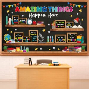 Amazing Things Happen Here Bulletin Board Set Motivational Classroom Decoration Colorful Bookshelf Bulletin Board Inspirational Cutouts for Back to School Classroom Chalkboard Wall Decor