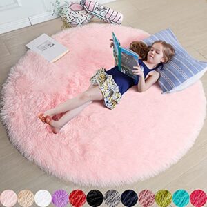 Amdrebio Pink Circle Round Fluffy Area Rug 4Ft for Girls Bedroom Kids Room