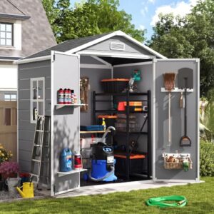 Amopatio Outdoor Storage Shed with Floor, 6x4 FT Lockable Plastic Tool Shed with Ventilation, Waterproof Resin Garden Sheds for Backyard, Patio, Lawn and Bike Grey
