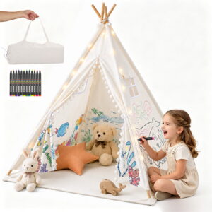 AMTPM DIY Paintable Kids Teepee Tent with 12 Acrylic Markers, Cotton Canvas Play Tent with String Lights & Teepee Mat, 47" Large Indoor Outdoor Playhouse for 2-3 Children Age 3-8, Birthday Gift for G