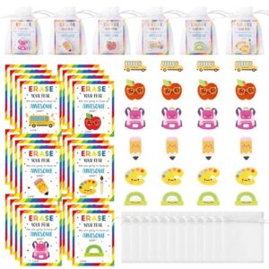 ANGOLIO Back to School Party Favors, 24 Sets Mini Erasers Gifts Cards Bulk | First Day of School Treats for Students, 3D Cute Motivational Erasers Gift Set, Kindergarten Welcome Gifts, Classroom Rewards