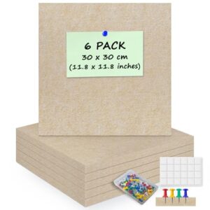 ANLIOTE 6 Pack Felt Bulletin Board Tiles 11.8x11.8", 1/2" Thick w/ 60 Pins | Aesthetic Vision Board Tiles for Home Office, Cork Board Alternative, Removable Adhesive Backing Photo Display (Beige)