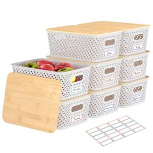 Anysig 8 Pack Plastic Storage Bins with Bamboo Lids, 5.2 QT Stackable Bins