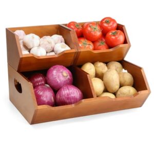 Aquzee Wooden Pantry Storage Bins, 3-Piece Potato and Onion Storage Bin | 4 Compartments for Produce Storage, Stackable Space-Saving Design, Easy Front Access, Built-In Handles, No Assembly Required
