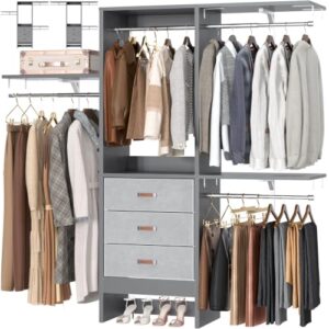 Armocity 5FT Small Closet System with 3 Fabric Drawers, 60 Inches Walk In Closet Organizer System With 3 Adjustable Shelves, Heavy Duty Clothes Rack Built-In Garment Rack, 59" L x 16" W x 71" H, Grey