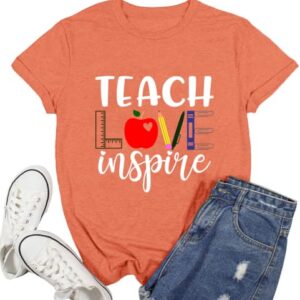 Ascrazy Womens Teacher Shirt Teach Love Inspire T-Shirt Teacher Life Tee Tops Orange