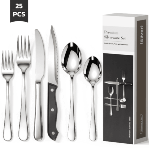 Astercook 25-Pieces Silverware Set with Steak Knives, Tableware Set for 4 - Great Food-Grade Stainless Steel Flatware Set, Mirror-Polished Dining Utensil Set Perfect for Home & Restaurant