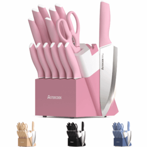 Astercook Knife Set, 14 Pieces Kitchen Knives Set with Block & Built-in Sharpener, German Stainless Steel Knives with Ergonomic Handles, Sharp & Rust Resistant Dishwasher Safe Pink