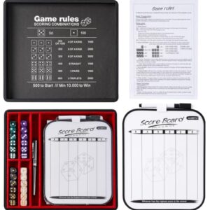 AUSIIBTO Dice Tray and Storage Case for Farkle Game - Includes Embedded Scoring Combinations, 4 Sets of 6 Pearl Dice, 50 Sheet Score Pad and Pen Holder for The Classic Family Game - Red and Black