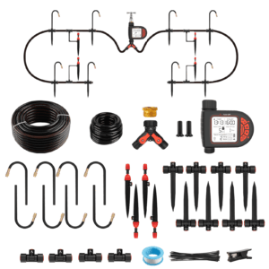 Automatic Drip Irrigation Kit 82.4FT with Water Timer, 8 Custom Programs & LCD Screen, Quick-Connect Tubing, Adjustable & 360° Bendable Nozzles for Raised Beds, Garden, Lawn