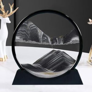 AzureLeap Moving Sand Art Liquid Motion, 3D Deep Sea Sandscape Color Quicksand Decor, Round Glass Moving Sand Art Picture Relaxing Desktop Home Office Work Decor (12 inch-Black)