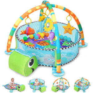 Babyeap 3-in-1 Baby Gym and Play Mat, Baby Activity with Ocean Ball Sensory Toys, 0-36 Months