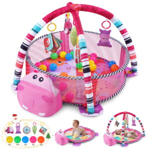 Babyeap Baby Play Gym Mat,Baby Play Activity Mat with 5 Detachable Toys and 30Ocean Ball,Newborn Infant Baby Essentials Gift,Pink