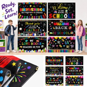 Back to School Backdrop, Spanish Classroom Decor, Classroom Welcome Banner, Colorful Bulletin Board Sign, 1Pc 59X35 in Background Cloth with Crayon Graphic, Paper Airplane, Book