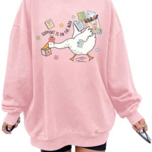 BANGELY Teacher Sweatshirt Women Oversized Retro Teach Crewneck Shirt Embroidery Teacher Life Pullover Long Sleeve Tops Pink