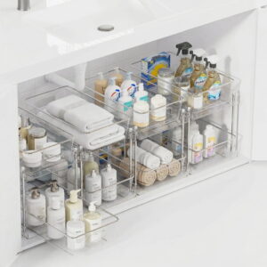 Bathroom Organizer, 4 Pack 2-Tier Clear Storage Container with Sliding Track, Under Sink & Countertop Organizer for Cabinet Drawers, Kitchen Pantry Organization