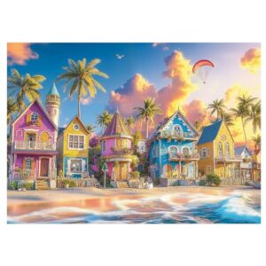BBOLDIN Beach Ocean Puzzle 1000 Pieces for Adults, Colorful House Sunset Hawaii Jigsaw Puzzles, Cottage Seaside Romantic Art Puzzles