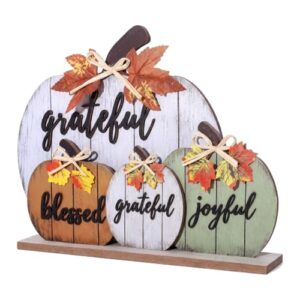 Bekecidi 4 Pieces Fall Decorations for Home - Grateful Blessed Joyful Pumpkin Tabletop Signs - Thanksgiving Farmhouse Decor for Tiered Tray, Shelf and Harvest Season Interior Styling
