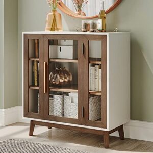 BELLEZE 31" Storage Cabinet-Brown | Glass Door,Adjustable Shelf,3-Tier,Dining Room, Living Room,Kitchen & Office,Ample Storage Space
