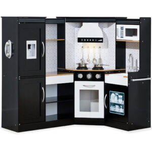 Best Choice Products Pretend Play Corner Kitchen, Interactive Wooden Kids Set w/ Lights & Sounds - Black