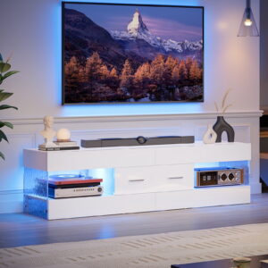 Bestier White TV Stand for TVs up to 65", Modern Entertainment Center for TVs with LED Light, High Gloss TV Console Table with Storage Drawers