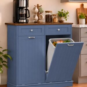 Betterhood 2x13 Gallon Tilt Out Trash Cabinet with 2 Large Drawers, Solid Wood Garbage Can Enclosure, Mid-Century Modern Recycling Bin & Laundry Sorter for Kitchen & Dining Room, Navy Blue