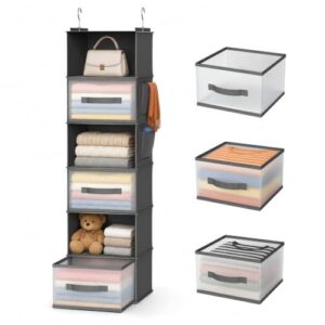 BIEBOS 6-Shelf Hanging Closet Organizer with 3 Drawers & Side Pockets, Gray | Non-woven fabric, tool-free setup, ideal for bedrooms/dorms/RVs, 3 foldable transparent drawers for easy access