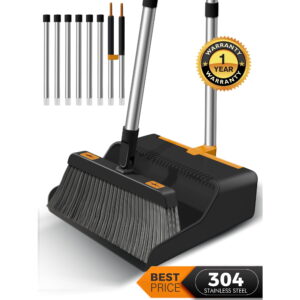 BIMZUC Broom and Dustpan Set with 50.4" Long Handle Extension Pole Set for Home (Black+Orange)