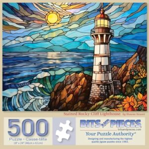 Bits and Pieces Puzzles for Adults 500 Pieces - Stained Glass Lighthouse | 18" x 24" Jigsaw Puzzle 500 Pieces - Lighthouse Landscape Puzzles - Recycled Cardboard - Bright Colors - No False Fits
