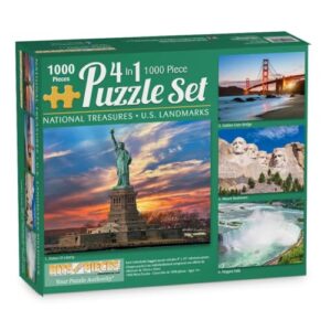 Bits and Pieces Set of 4 Jigsaw Puzzles 1000 Pieces - USA Landmarks Set | 20" x 27" - Set of 4 Jigsaw Puzzles - Rushmore Niagara Liberty - Thick Recycled Cardboard - Bright Colors - No False Fits