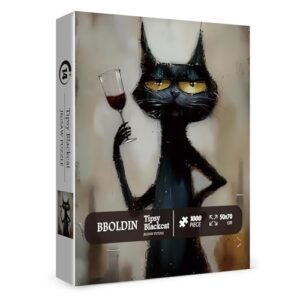 Black Cat Wine Puzzle for Adults 1000 Piece, Vintage Funny Kitten Jigsaw Puzzle Animal, Abstract Art Difficult Challenging Puzzle