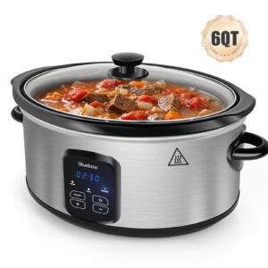 Bluebow 6QT Slow Cooker, 3 Heat Settings with Auto Keep Warm, Stoneware Crock Non-Stick Removable Pot, Stainless Steel